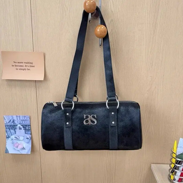 [BUNJANG] Black Washed Leather Boston Shoulder Bag AS Logo Vintage Y2K Mini Barrel Bag / 블랙 워시드 가죽 보스턴 숄더백 AS 로고 빈티지 Y2K 미니 바렐가방 데일리 가방 새상품