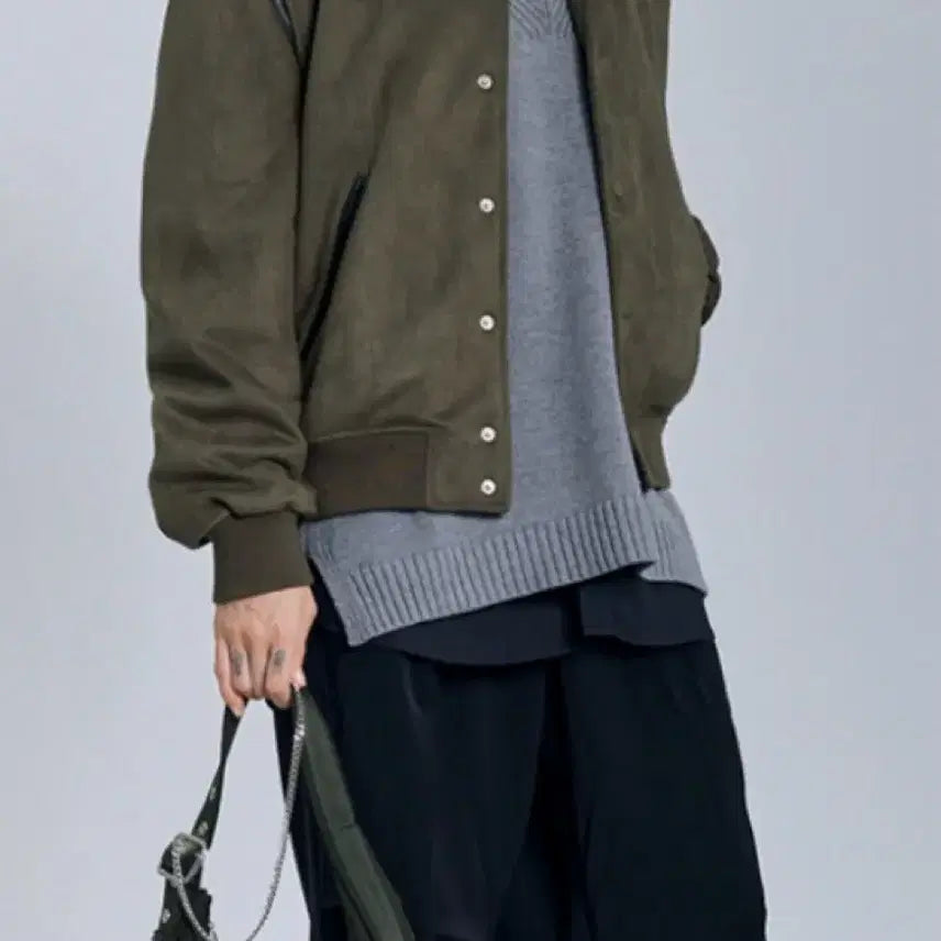 [BUNJANG] Irony Formo White Line Khaki Suede Collar Neck Jacket / 카키 스웨이드 카라넥 자켓 M