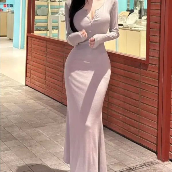 [BUNJANG] YOURROSE S-Line Mermaid Long Sleeve Dress (Gray Beige) / 유어로즈 시선도둑 S라인 탱글팡 늘씬쫀득 단추 머메이드 살랑 긴팔 롱원피스(FEAT.OPS입문템) 그레이베이지색상