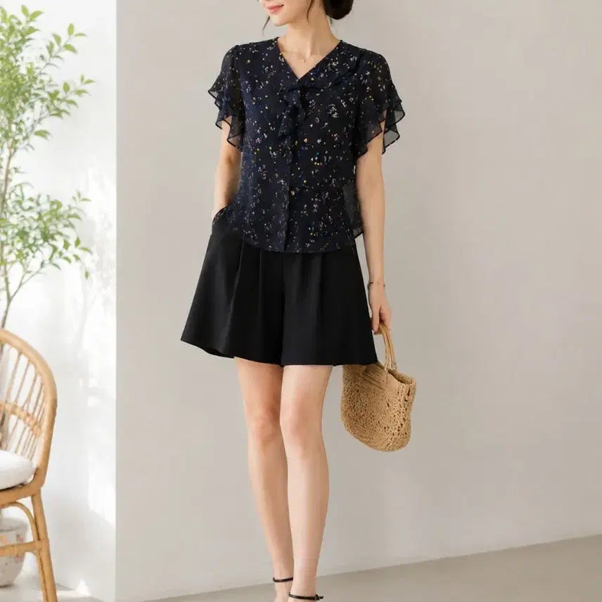 [BUNJANG] Navy Chiffon Double Frill Blouse / 66~77/쉬폰 네이비이중프릴 블라우스