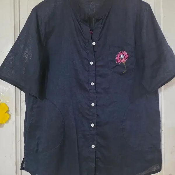 [BUNJANG] Navy Linen Embroidered Shirt / 곤색  여름 시원한 고급스러운 디자인이쁜  자수 마 린넨주머니  남방셔츠