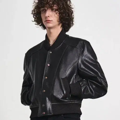 [BUNJANG] Ellmoud Gun & Rose Lambskin Varsity Jacket / 엘무드 건앤로즈 램스킨 바시티자켓