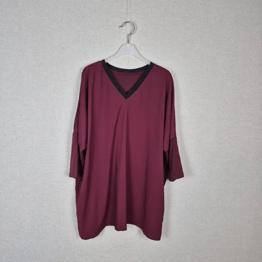 [BUNJANG] Women's V-Neck 7-Sleeve Blouse (Burgundy, Tencel Blend) / (#99추천)고급텐셀혼방 자주색 V넥 7부 소매 블라우스