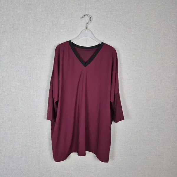 [BUNJANG] Women's V-Neck 7-Sleeve Blouse (Burgundy, Tencel Blend) / (#99추천)고급텐셀혼방 자주색 V넥 7부 소매 블라우스