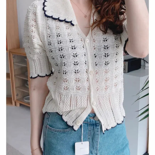 [BUNJANG] Uptownholic Colorblock Short Sleeve Knit Cardigan / 새상품>>업타운홀릭 카라 배색 반팔 뜨게 니트 가디건