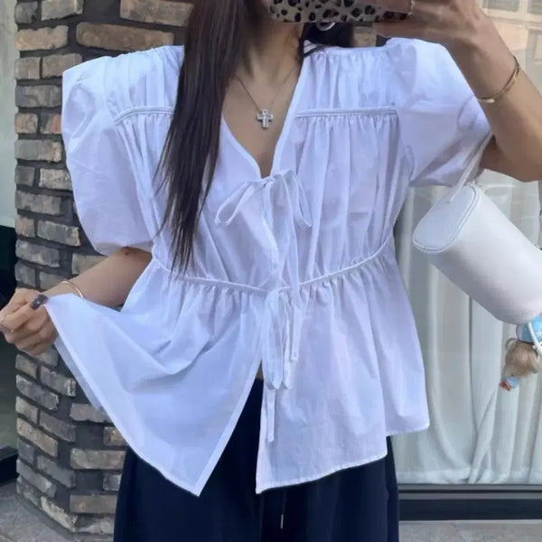 [BUNJANG] White Puff Sleeve Shirring Ribbon Blouse / 화이트 퍼프소매 셔링 리본 블라우스