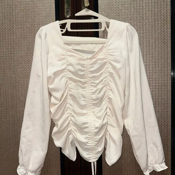 [BUNJANG] Pleated Shirring Blouse - Ivory/Beige / 주름 셔링 블라우스 아이보리 베이지 블라우스