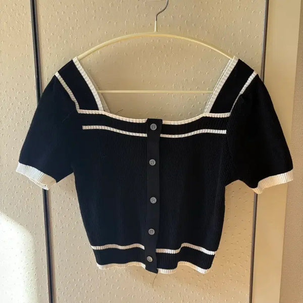 [BUNJANG] Square Neck Short Sleeve Knit Top / 스퀘어넥 반팔 니트