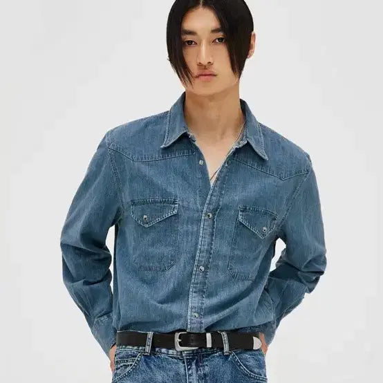 [BUNJANG] Ellmude Terry Denim Shirt Middle Blue / 엘무드 테리 데님 셔츠 미들 블루 44