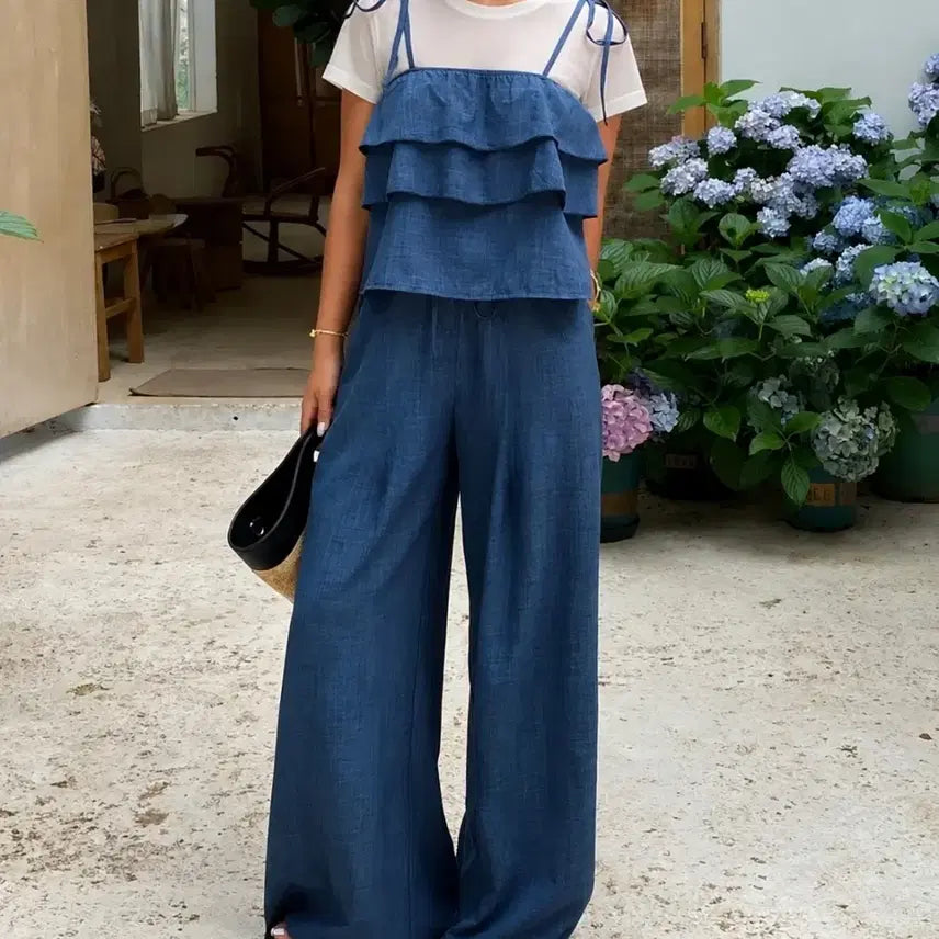 [BUNJANG] Denim Blue Ruffle Bustier Set / 새상품 데님 청색 프릴 뷔스티에 세트