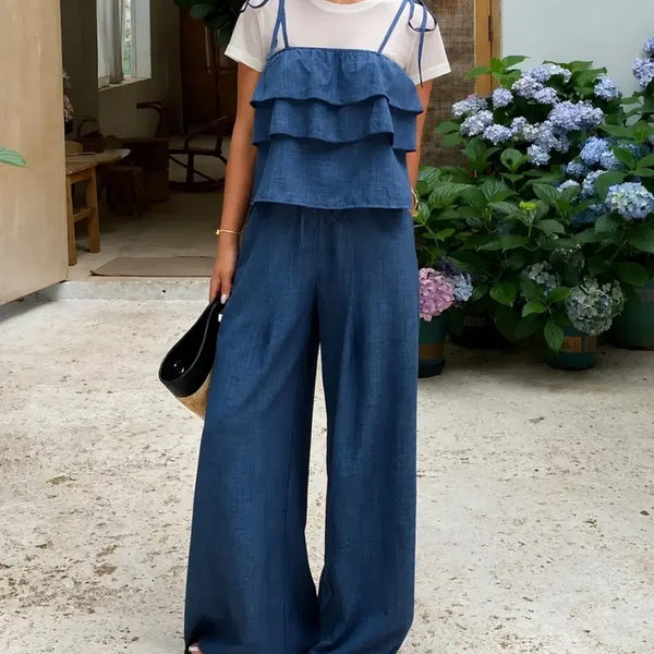 [BUNJANG] Denim Blue Ruffle Bustier Set / 새상품 데님 청색 프릴 뷔스티에 세트