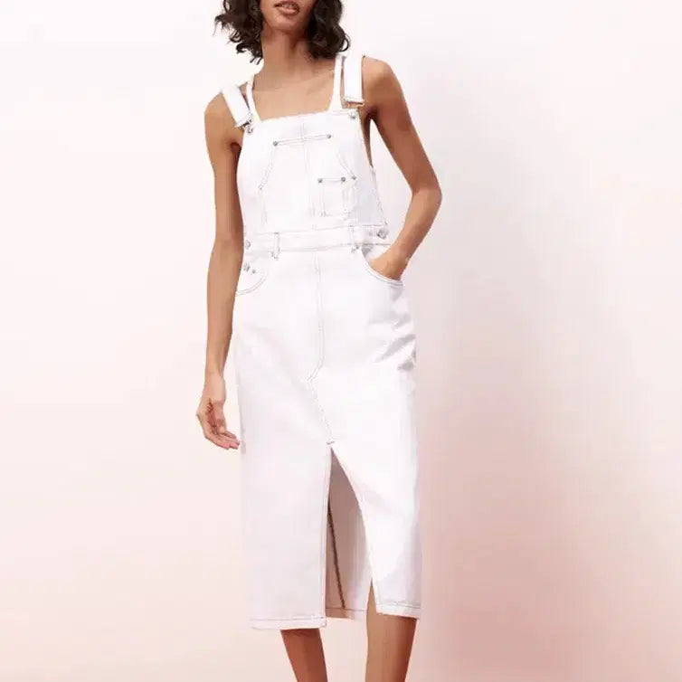 [BUNJANG] Zara Denim Midi Pinafore Dress White / 새상품) Zara 자라 데님 미디 멜빵 원피스 화이트