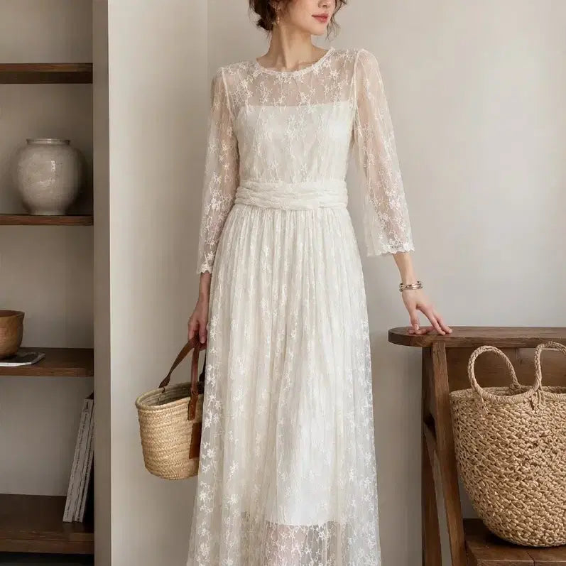 [BUNJANG] White Lace See-Through Dress - Size S / 화이트 레이스 시스루 드레스 S