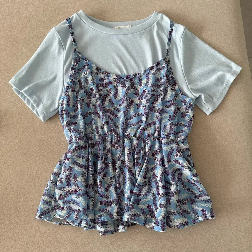 [BUNJANG] Blue Floral Cami Bustier Set / 블루 플로럴 나시 뷔스티에 반팔 세트