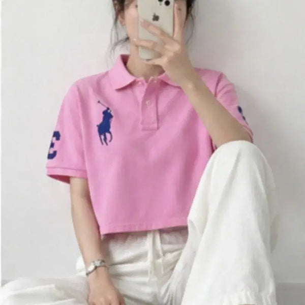 [BUNJANG] Polo Ralph Lauren Big Pony Cropped Pique Polo Shirt Pink Women's 55 / 55사이즈 폴로 랄프로렌 빅포니 크롭 카라티 핑크