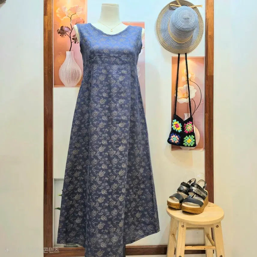 [BUNJANG] Floral Pattern Linen Sleeveless Dress / 플라워 패턴 리넨 슬리브리스 원피스