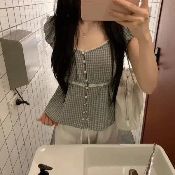 [BUNJANG] Leeds Judy Check Blouse / Leeds 샵리즈 주디 체크 블라우스