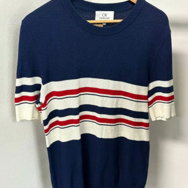 [BUNJANG] Calvin Klein Striped Short Sleeve Knit Top / 캘빈클라인 스트라이프 반팔 니트