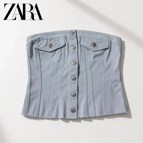 [BUNJANG] Zara Denim Corset Tube Top / 새상품 자라 데님 코르셋 튜브탑 TRF 크롭탑 m 55 66