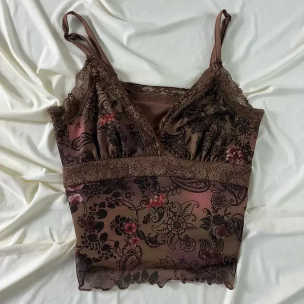 [BUNJANG] Brown Flower Lace Sleeveless Top / 브라운 플라워 레이스 슬리브리스
