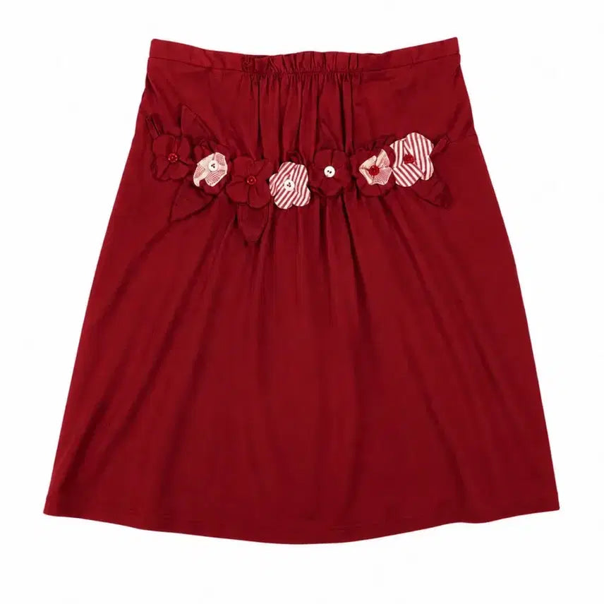 [BUNJANG] Japanese Vintage Mori Girl Hagumi Floral Embellished Red Midi Skirt / 일본 빈티지 모리걸 하구미 꽃 장식 레드 미디스커트