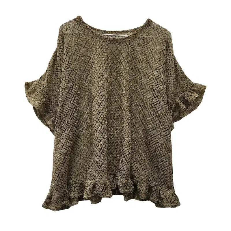 [BUNJANG] Natural Mori Crochet Punching Khaki Frill Blouse (M-L) / 내추럴 모리 크로쉐 펀칭 카키 프릴 블라우스 M-L
