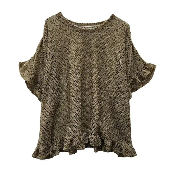 [BUNJANG] Natural Mori Crochet Punching Khaki Frill Blouse (M-L) / 내추럴 모리 크로쉐 펀칭 카키 프릴 블라우스 M-L