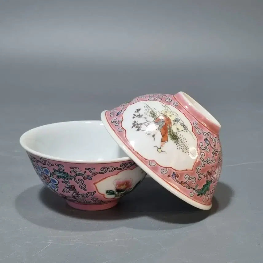 [BUNJANG] Set of 2 Vintage Jingdezhen '567 Porcelain' Tea Bowls with Floral Design / 골동품  핑크색 꽃 문양 도자기 2개 세트