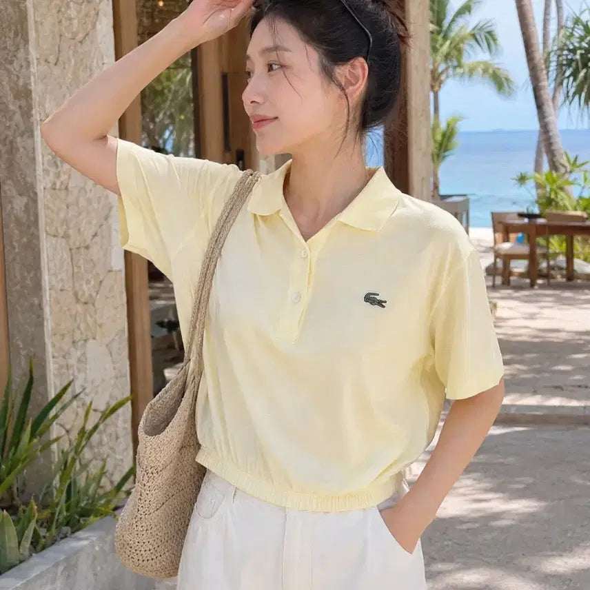 [BUNJANG] Lacoste Yellow Banding Crop Polo T-Shirt / 66~66반 라코스테 옐로우 밴딩 크롭 카라티