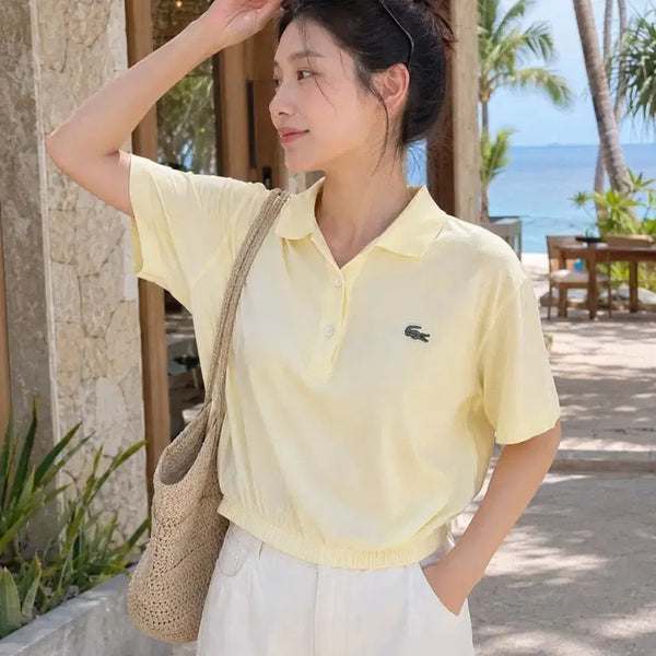[BUNJANG] Lacoste Yellow Banding Crop Polo T-Shirt / 66~66반 라코스테 옐로우 밴딩 크롭 카라티
