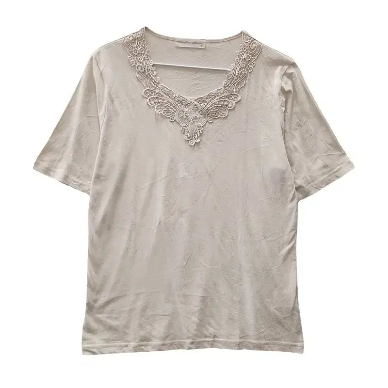 [BUNJANG] Vintage Ethnic Mori Lace Beige Short Sleeve T-Shirt M~L / 빈티지 에스닉 모리 레이스 베이지 반팔 티 M~L