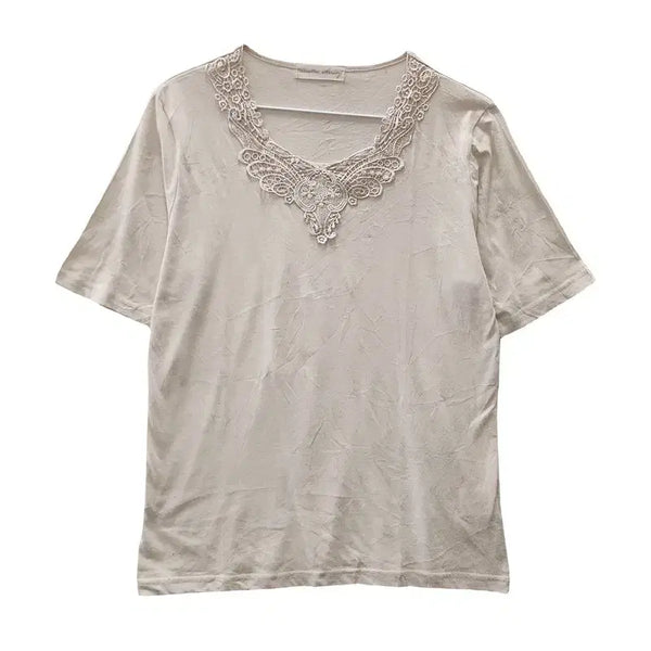 [BUNJANG] Vintage Ethnic Mori Lace Beige Short Sleeve T-Shirt M~L / 빈티지 에스닉 모리 레이스 베이지 반팔 티 M~L