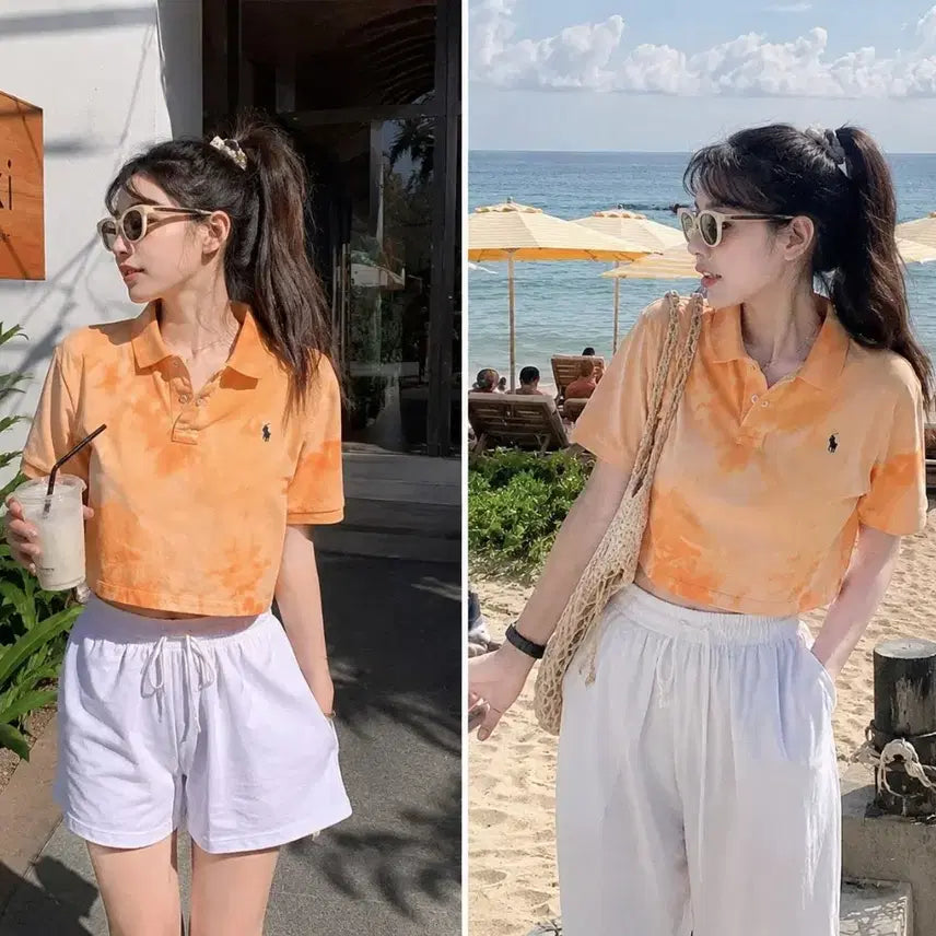 [BUNJANG] Polo Ralph Lauren Orange Tie-Dye Cropped Polo Shirt / 55 폴로 랄프로렌 오렌지 타이다이 크롭 카라티