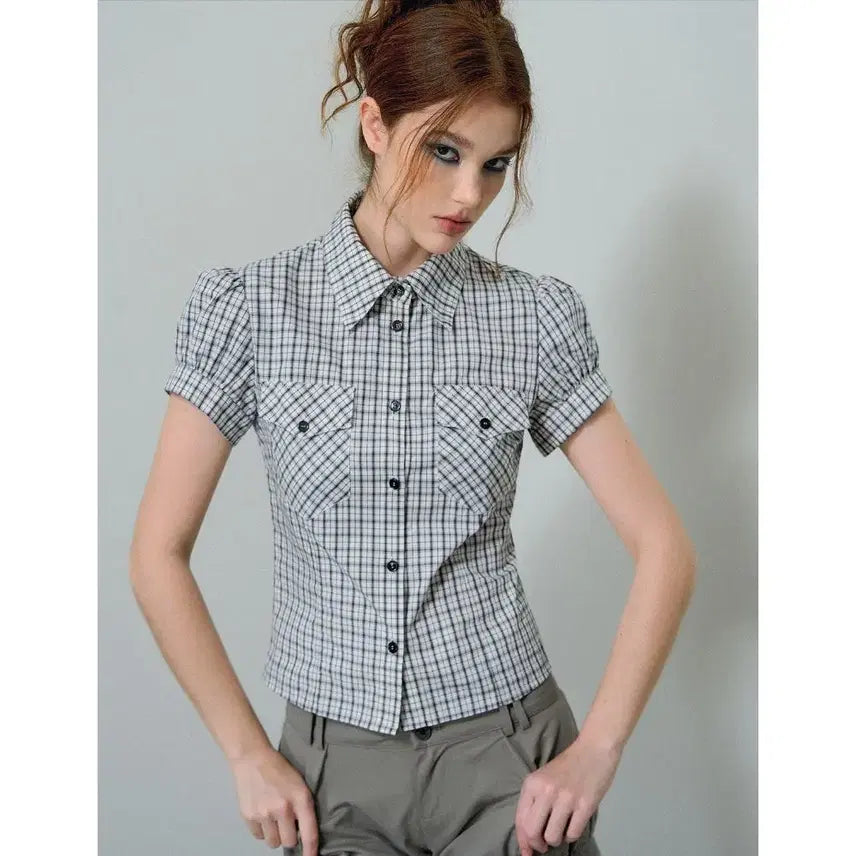 [BUNJANG] DeleteEX Retro Check Puff Short Sleeve Preppy Shirt / DeleteEX 레트로 체크 퍼프 반팔 프레피 남방