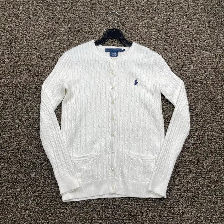 [BUNJANG] Polo Sport Embroidered Logo White Cable Knit Cardigan / 폴로 스포츠 자수로고 화이트 꽈배기 니트 가디건