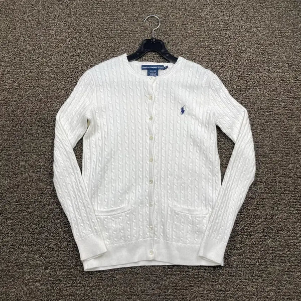 [BUNJANG] Polo Sport Embroidered Logo White Cable Knit Cardigan / 폴로 스포츠 자수로고 화이트 꽈배기 니트 가디건
