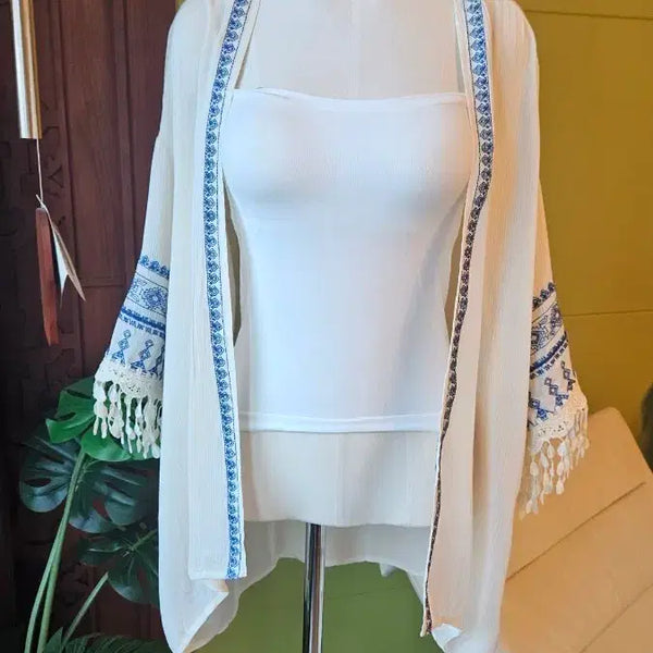 [BUNJANG] Bohemian White Embroidered Fringe Open Cardigan / 보헤미안 여름 비치 가디건(새상품)
