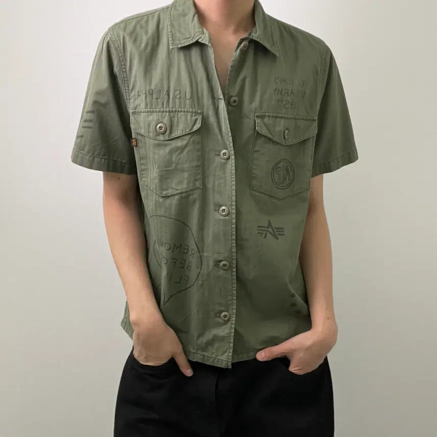 [BUNJANG] Alpha Industries Khaki Military Short Sleeve Shirt M / 알파인더스트리 카키 밀리터리 반팔 셔츠 M