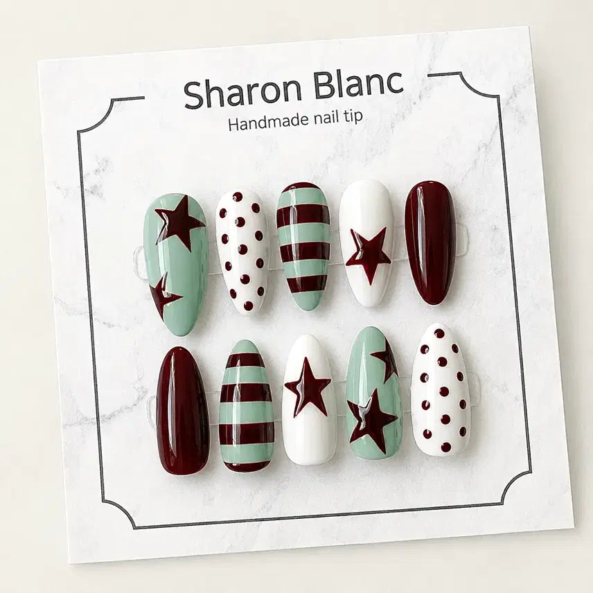 [BUNJANG] Sharon Blanc Mint Striped Nail Tips (15 Shapes) / 민트 단가라 네일팁 / 15종 쉐입