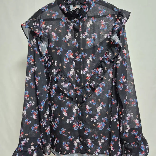 [BUNJANG] JIGOTT Black Chiffon Flower Frill Blouse / 지고트 블랙 쉬폰 플라워 프릴 블라우스