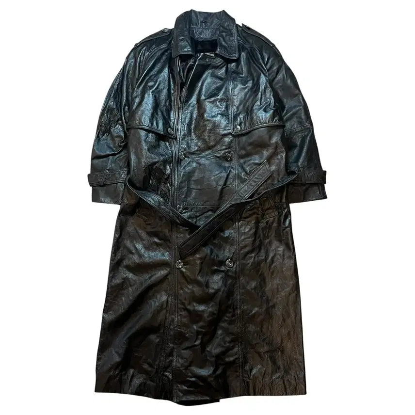 [BUNJANG] Adventure Bound 90s Old School Big Logo Long Genuine Leather Trench Coat / 90s 올드스쿨 어드벤처 바운드 빅로고 롱 리얼 가죽 트렌치 코트