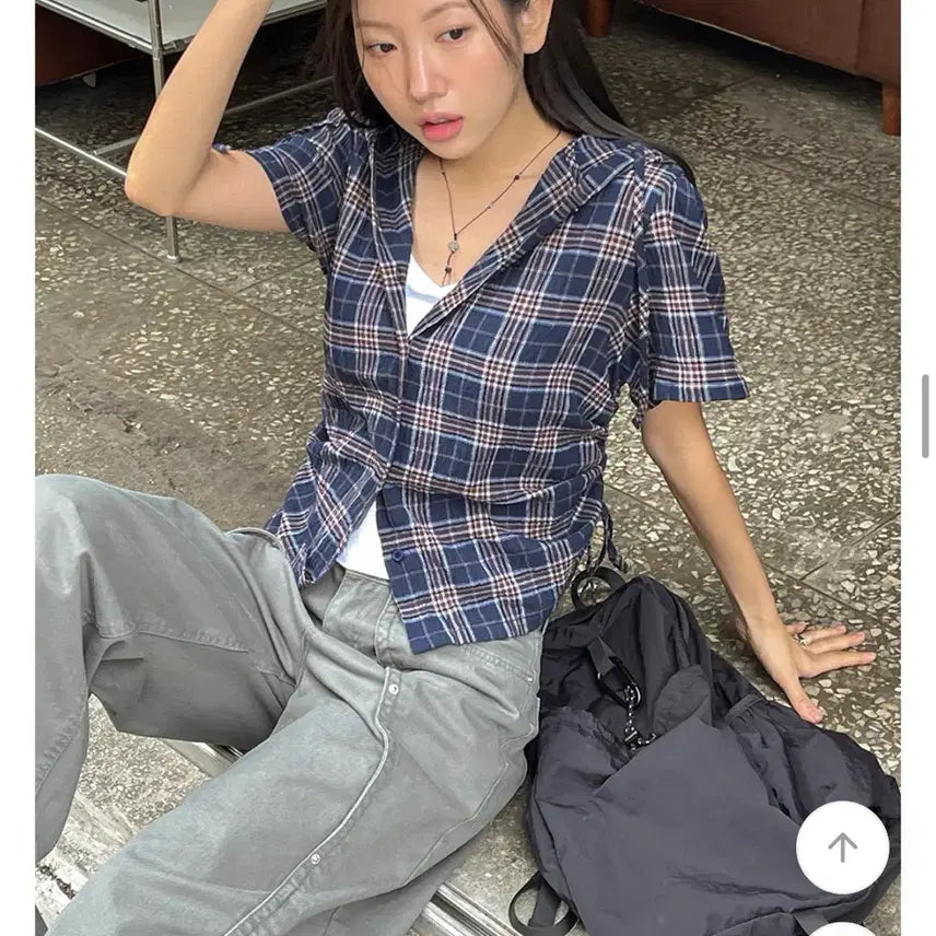 [BUNJANG] Dangdang Girl Hooded Shirring Short Sleeve Check Shirt / 당당걸 후드 셔링 반팔 체크 셔츠