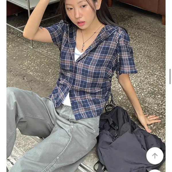 [BUNJANG] Dangdang Girl Hooded Shirring Short Sleeve Check Shirt / 당당걸 후드 셔링 반팔 체크 셔츠