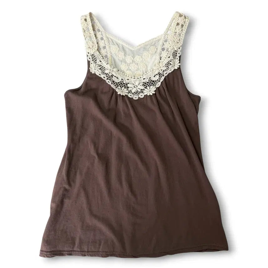 [BUNJANG] Vintage Mori Girl Brown Crochet Sleeveless Top OS / 빈티지 모리걸 브라운 크로쉐 포인트 슬리브리스 os