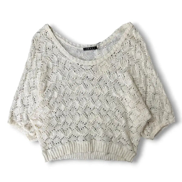 [BUNJANG] White Crochet Rayon Fit Half Sleeve Knit / JPN 잉그니 화이트 크로쉐 가오리핏 반팔니트
