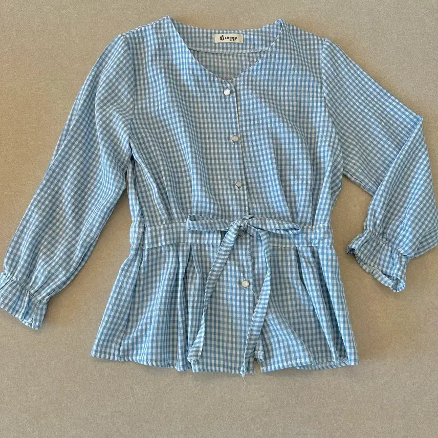 [BUNJANG] Checkered Shirred Waist Tie Blouse / 체크 허리 셔링 끈 남방 블라우스