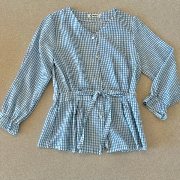 [BUNJANG] Checkered Shirred Waist Tie Blouse / 체크 허리 셔링 끈 남방 블라우스