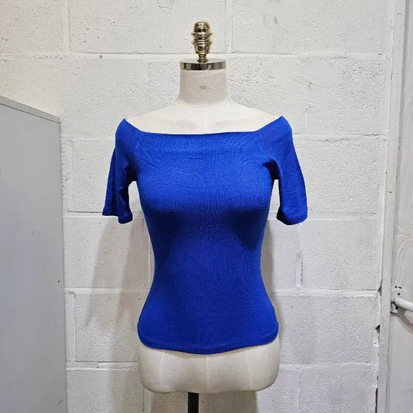 [BUNJANG] Off-Shoulder Ribbed Cropped Short-Sleeve T-Shirt - Blue / 오프숄더 크롭 골지 반팔- 파랑