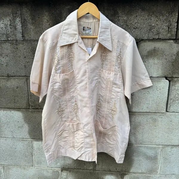 [BUNJANG] 70s Tony Beige Embroidered Guayabera Shirt (Size 42) / 70s tony 빈티지 자수 구아야베라 쿠바 셔츠 베이지 42