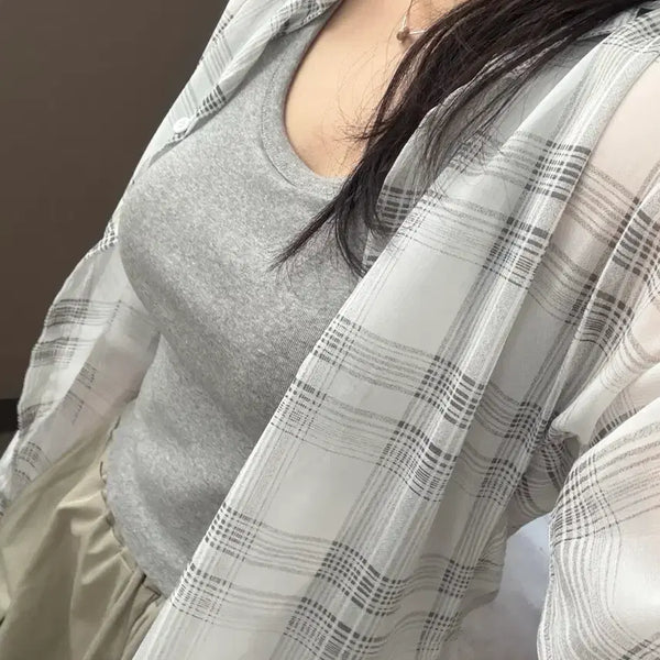 [BUNJANG] See-Through Summer Check Shirt / 시스루 여름 체크남방 찰랑셔츠 살탐방지